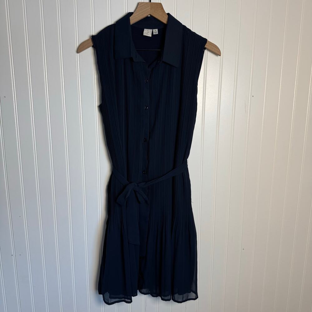 Joie Navy Blue Pleated Button Down Sleeveless Belted Mini Dress Women’s Medium - Picture 2 of 12